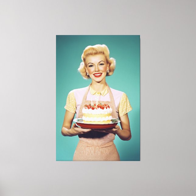 Retro Mom Holding a Celebration Cake Canvas Print (Front)