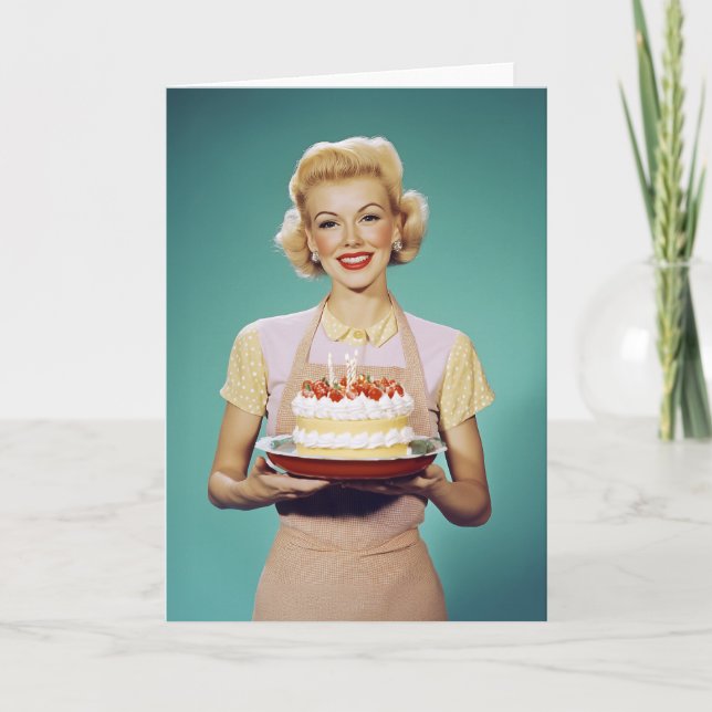 Retro Mom Holding a Celebration Cake Invitation (Front)