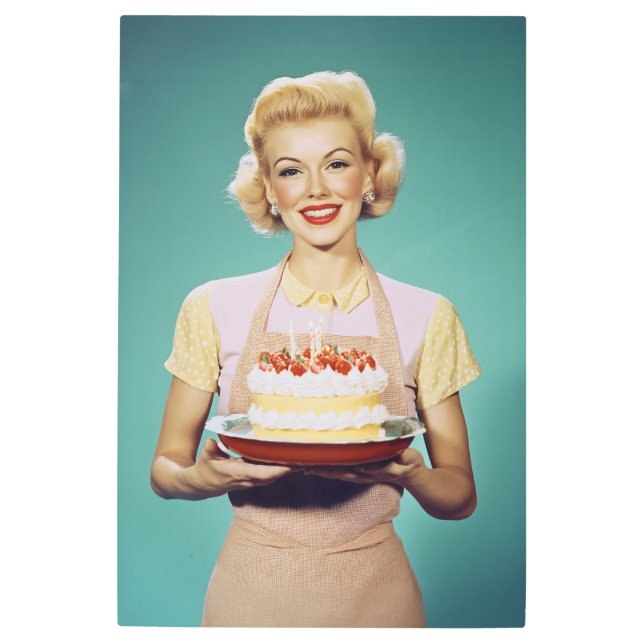 Retro Mom Holding a Celebration Cake Metal Print (Front)