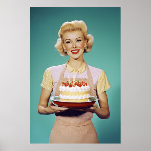 Retro Mom Holding a Celebration Cake Poster