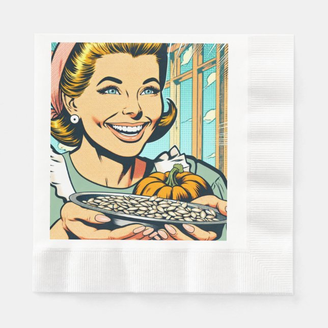Retro Mom holding Plate of Halloween Pumpkin Seeds Napkins (Front)