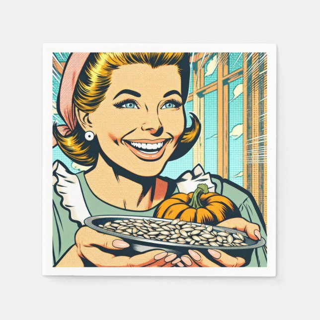 Retro Mom holding Plate of Halloween Pumpkin Seeds Napkins (Front)