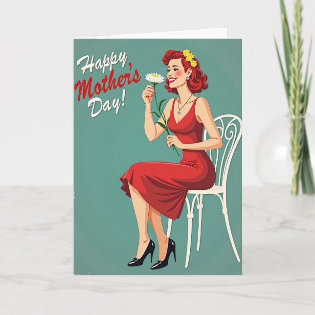 Retro Mom In Teal Mothers Day Card (Front)