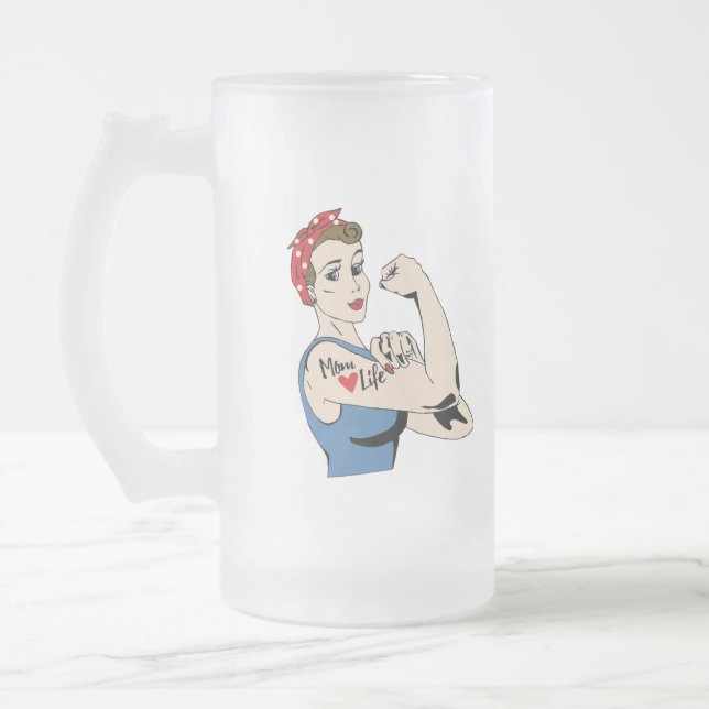 Retro Mom Life with Your Custom Text Frosted Glass Beer Mug (Left)