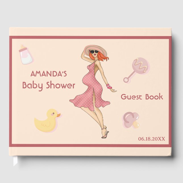 Retro Mom Redhead 2 Baby Shower Party  Guest Book (Front)
