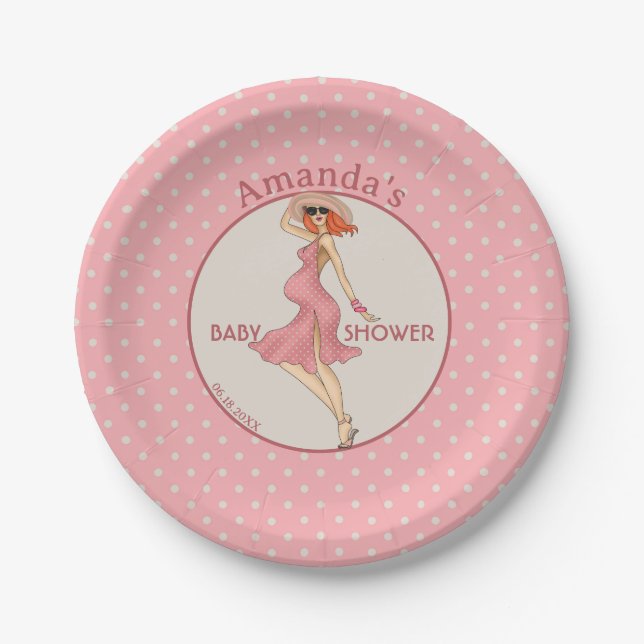 Retro Mom Redhead 2 Baby Shower Party Paper Plates (Front)