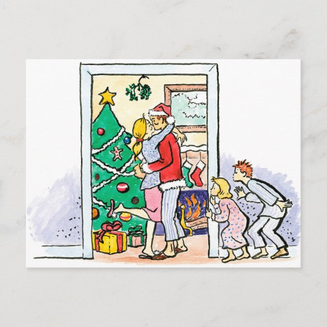 Retro Mommy Kissing Santa Claus Holiday Postcard (Front)