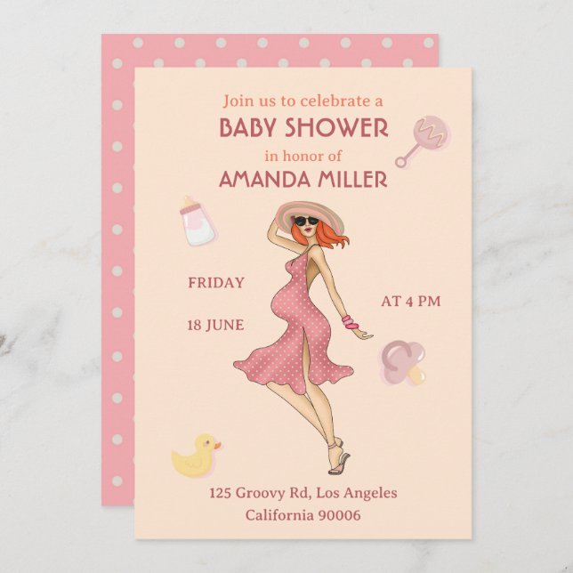 Retro Mommy Redhead 2 Baby Shower Party Invitation (Front/Back)