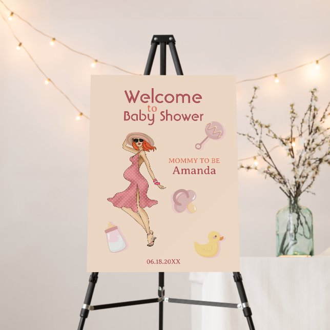 Retro Mommy Redhead Baby Shower Welcome Sign (In Situ (Stand))