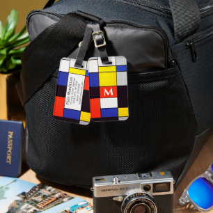 Retro Mondrian Geometric Custom Monogram Luggage   Tag