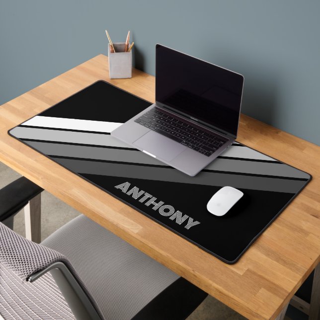 Retro Monochrome Gray White Stripes Art On Black Desk Mat (Office 2)