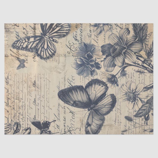 Retro monochrome ink stamp butterfly floral tissue paper (Front)