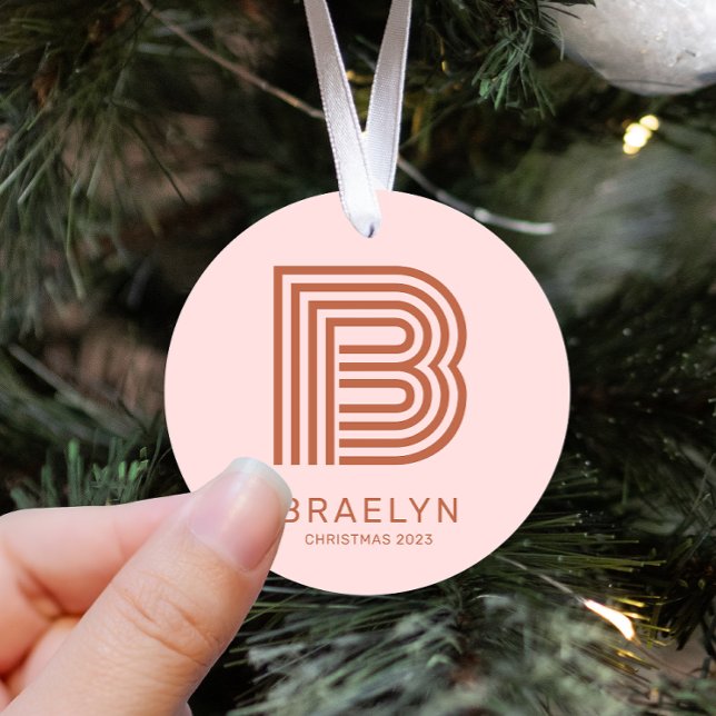 Retro Monogram and Name Pink Terracotta Christmas Metal Ornament (Creator Uploaded)