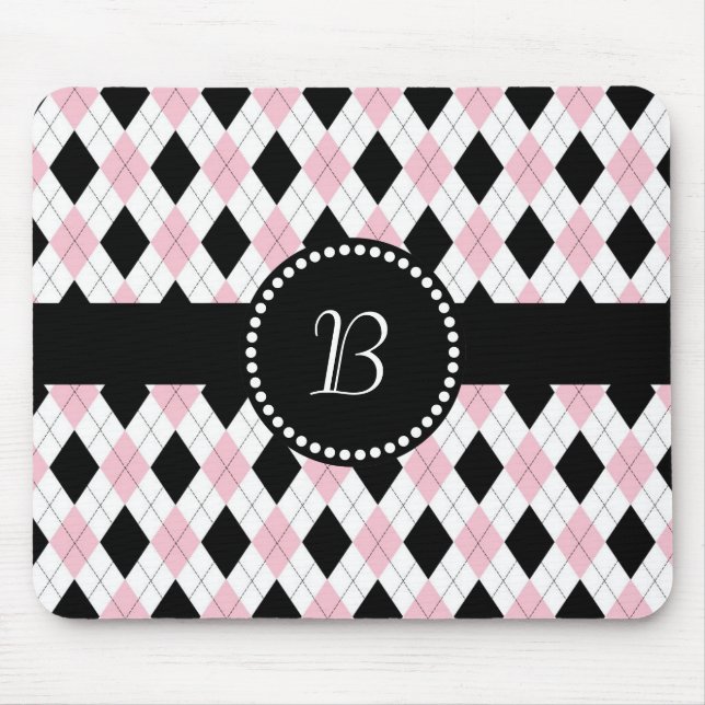 Retro Monogram Argyle Pattern Pink White Black Mouse Pad (Front)