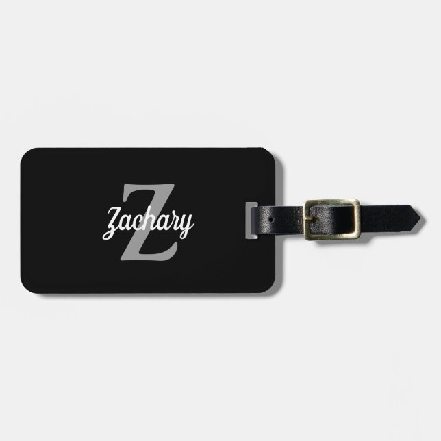 Retro Monogram Black Gray White Personalized Luggage Tag (Front Horizontal)