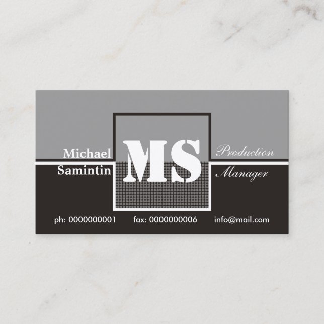 Retro Monogram black grey white business cards (Front)