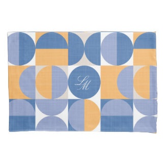 Retro Monogram Blue Yellow Mid-Century Circles Pillow Case