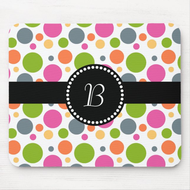 Retro Monogram Colorful Polka Dot Mouse Pad (Front)
