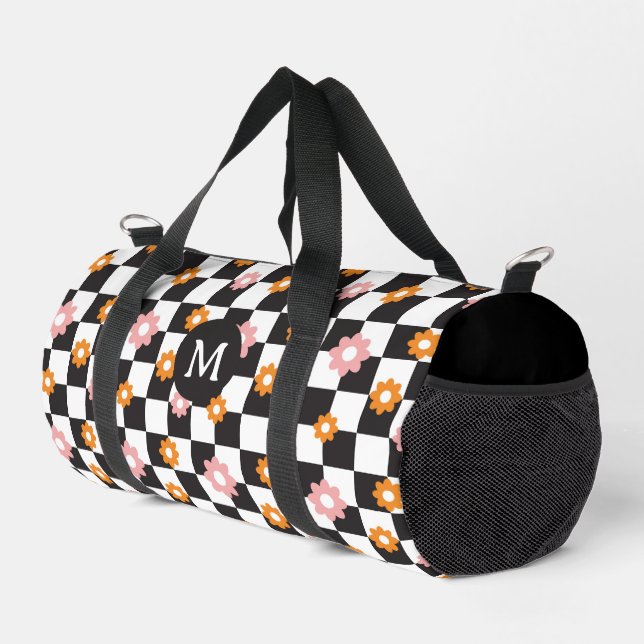 Retro Monogram Daisy Flower Checkerboard Pattern Duffle Bag (Right Corner)