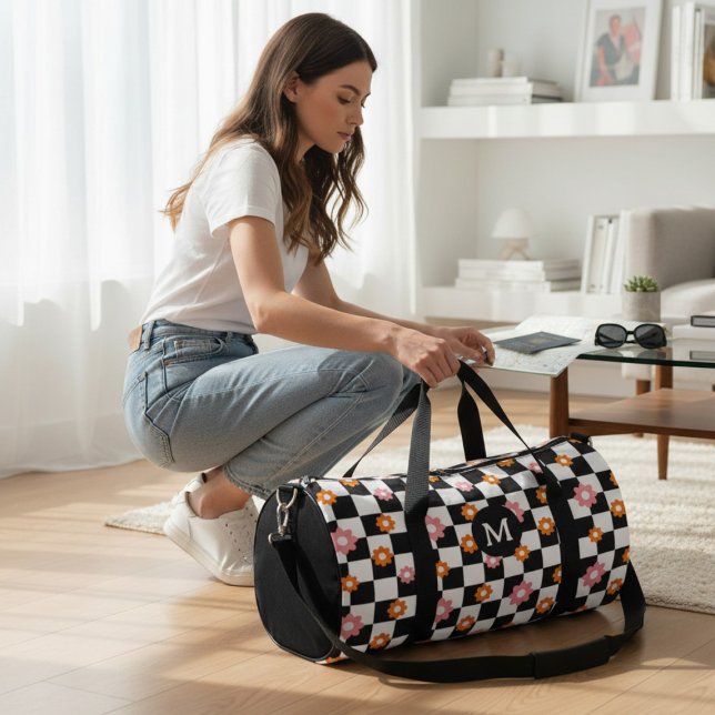 Retro Monogram Daisy Flower Checkerboard Pattern Duffle Bag (Creator Uploaded)