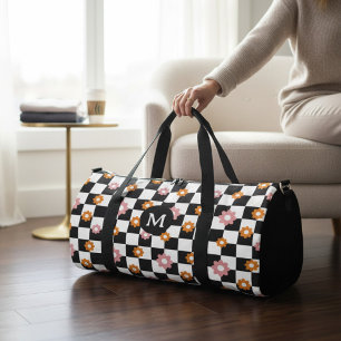 Retro Monogram Daisy Flower Checkerboard Pattern Duffle Bag