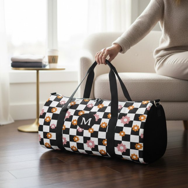 Retro Monogram Daisy Flower Checkerboard Pattern Duffle Bag (Creator Uploaded)