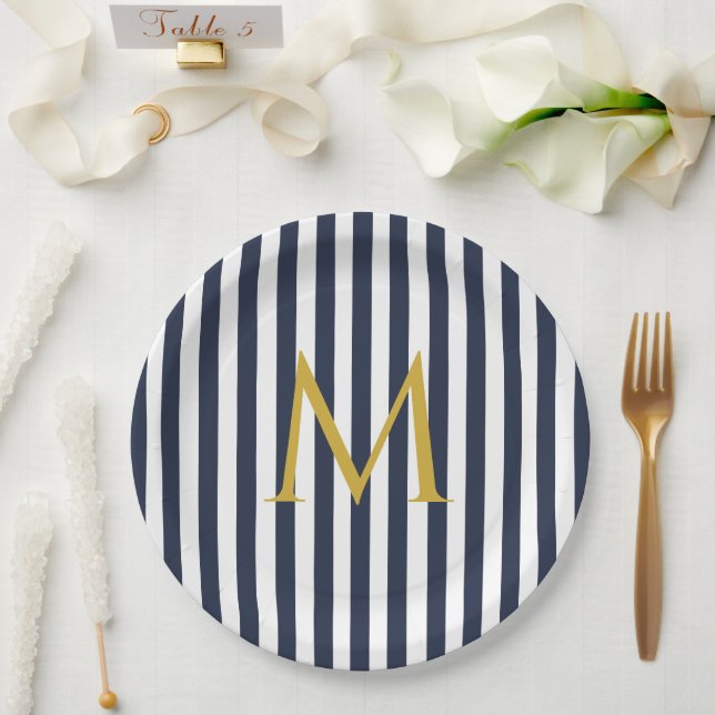 Retro Monogram Navy Blue & White Stripes Striped Paper Plates (Wedding)