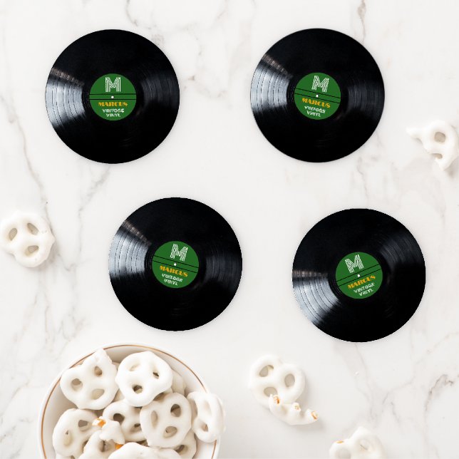 Retro Monogram Record Album Green Coaster Set (In Situ)