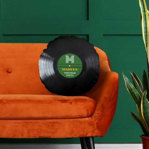 Retro Monogram Record Album Green Round Pillow
