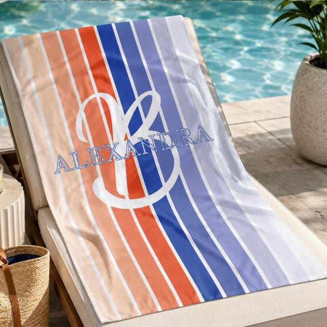 Retro Monogram Striped Beach Towel Custom Name (In situ AI generated picture)
