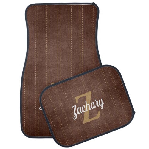 Retro Monogram Vintage Pinstripes Dark Brown Tan Car Floor Mat