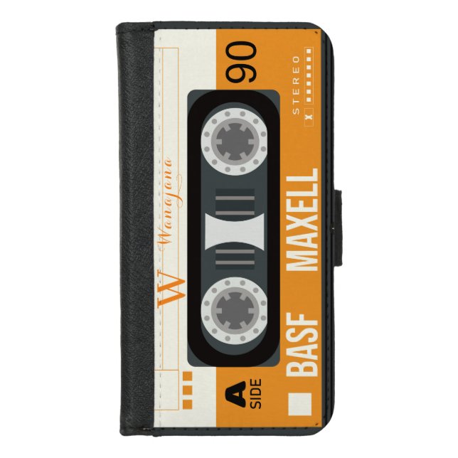 Retro Monogram Yellow Music Cassette Tape Pattern  iPhone Wallet Case (Front)
