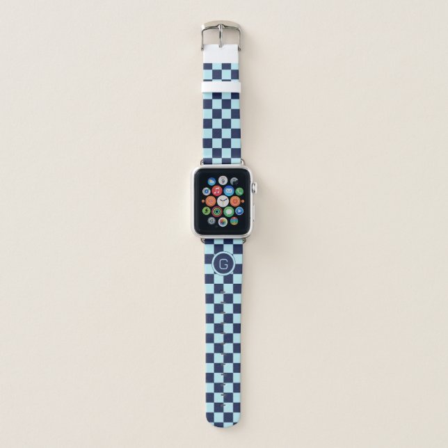 Retro Monogrammed Blue Checkered Pattern Apple Watch Band (Front)