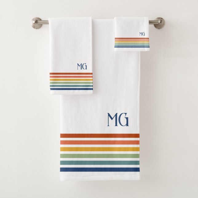 Retro Monogrammed Minimalist Stripes Bath Towel Set (Insitu)