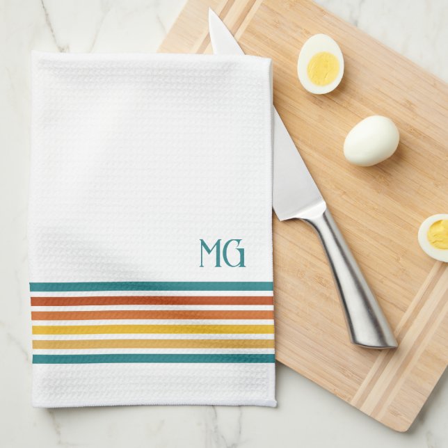Retro Monogrammed Minimalist Stripes Kitchen Towel (Quarter Fold)