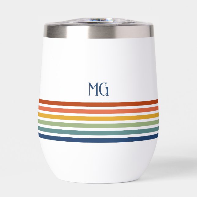 Retro Monogrammed Minimalist Stripes Thermal Wine Tumbler (Front)