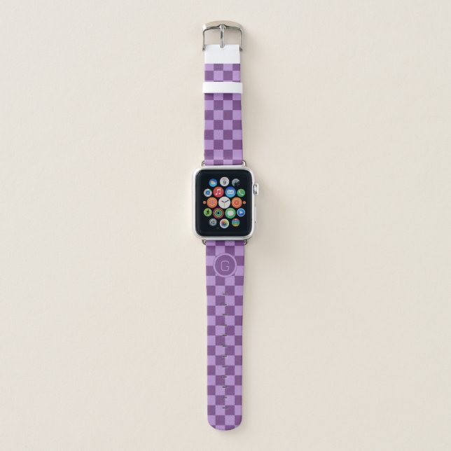 Retro Monogrammed Purple Checkered Pattern Apple Watch Band (Front)