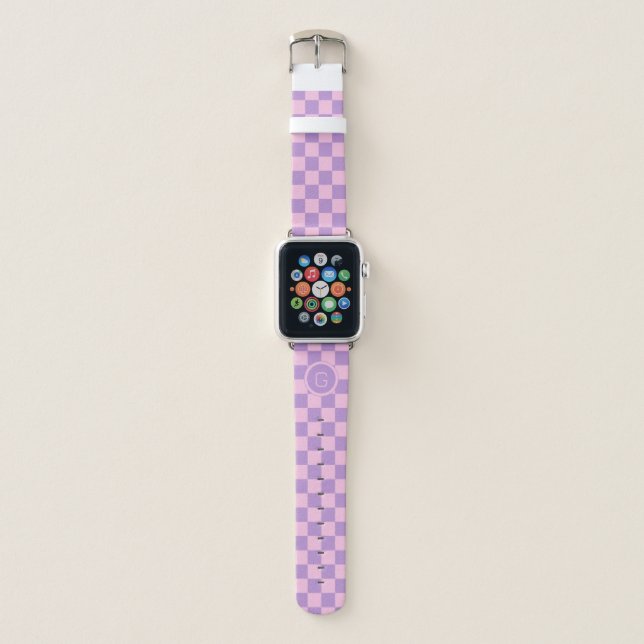 Retro Monogrammed Purple Pink Checkered Pattern Apple Watch Band (Front)