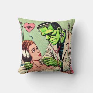 Retro Monster Love Comics Throw Pillow