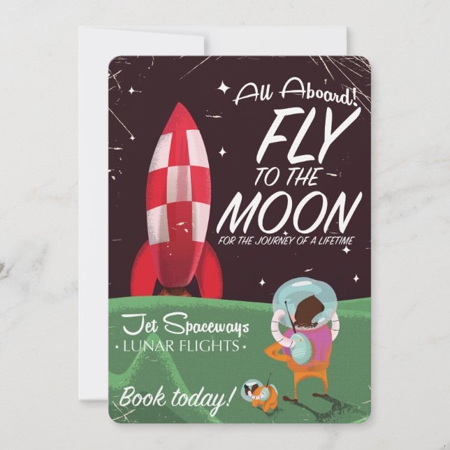 Retro Moon flight cartoon travel poster Invitation (Front)