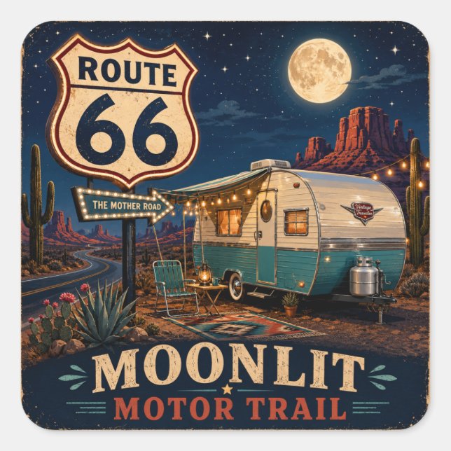 Retro Moonlit Camper Desert Highway Decal Square Sticker (Front)