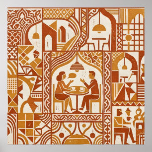 Retro Moroccan Cafe Scene Geometric Terracotta Art Poster