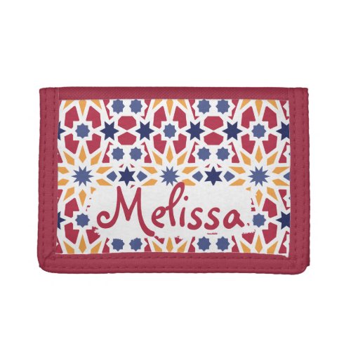 Retro Moroccan Zellije Pattern with Name Trifold Wallet