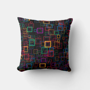 Retro Mosaic Squares Multi-colors on black Throw Pillow