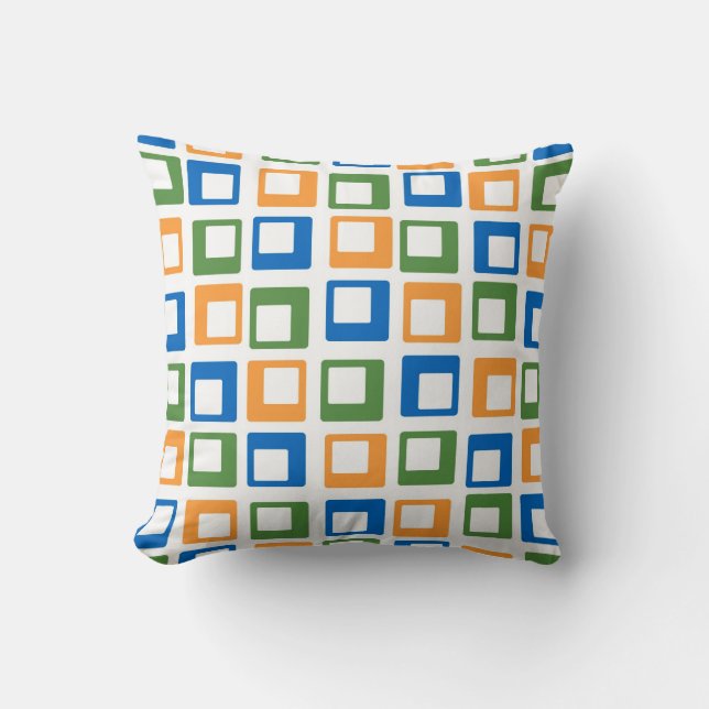 Retro Mosaic Squares | Orange Green Blue Throw Pillow (Front)