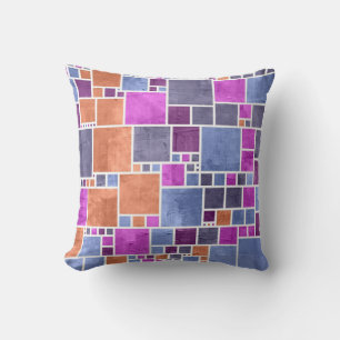 Retro Mosaic Squares Orange Violet Gray Vintage Throw Pillow