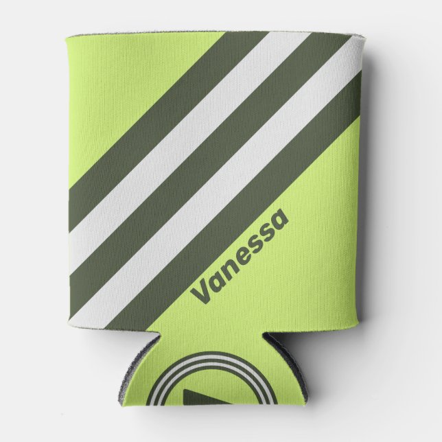 Retro Moss Fade Stripes with Name Can Cooler (Front)