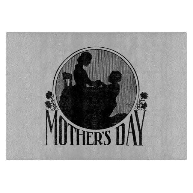 Retro Mother's Day Silhouette Light Gray Glass Cutting Board (Front)