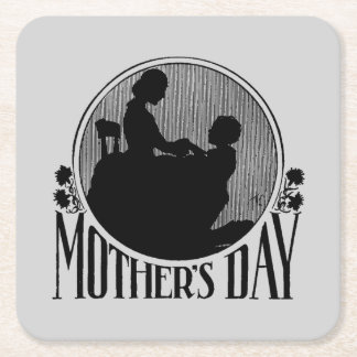 Retro Mother's Day Silhouette Light Gray Square Paper Coaster