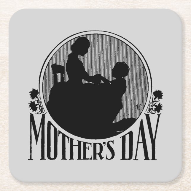 Retro Mother's Day Silhouette Light Gray Square Paper Coaster (Front)